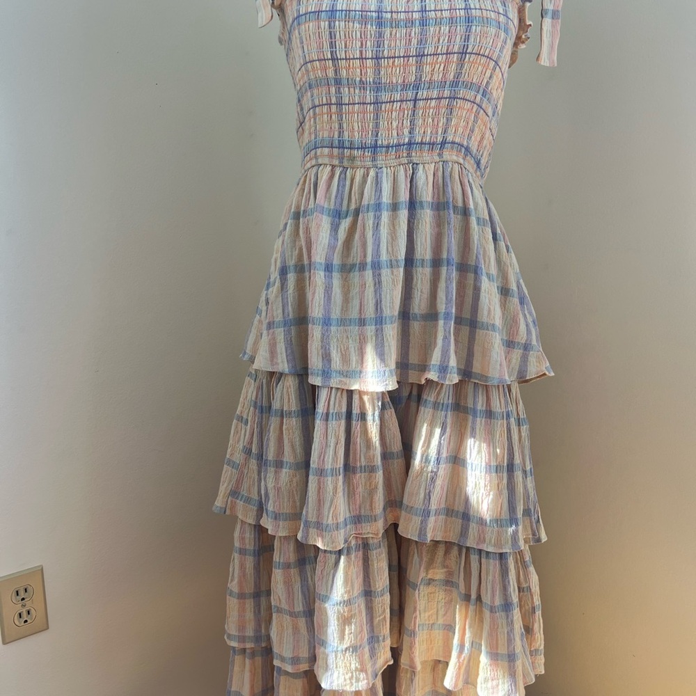 Storia Smocked Tiered Midi Dress in Cream with Blue and Pink Plaid